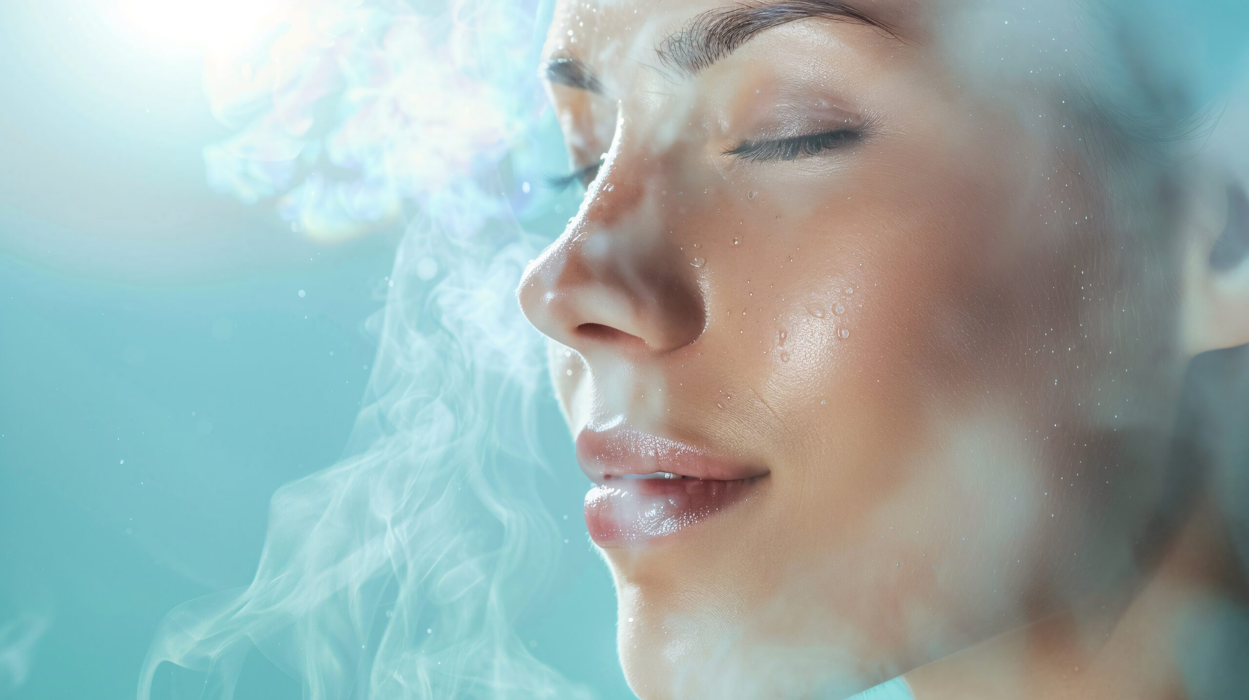 Closeup portrait of a woman with eyes closed peacefully vaping with a soft hazy vapor mist surrounding her vibrant visage glow face in a tranquil contemplative state of mind using a molecular hydrogen targeted skin absorption method.