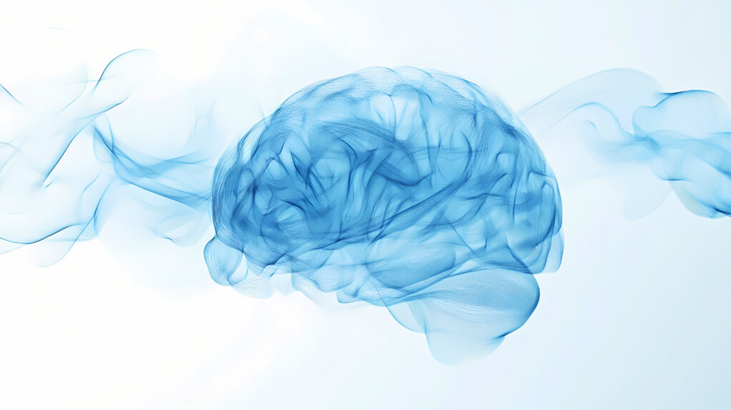 Image of minimalist blue and white abstract brain waves made of mist, representing Mental Clarity Cleanse as a molecular hydrogen targeted skin absorption method for achieving brain clarity using molecular hydrogen mist.