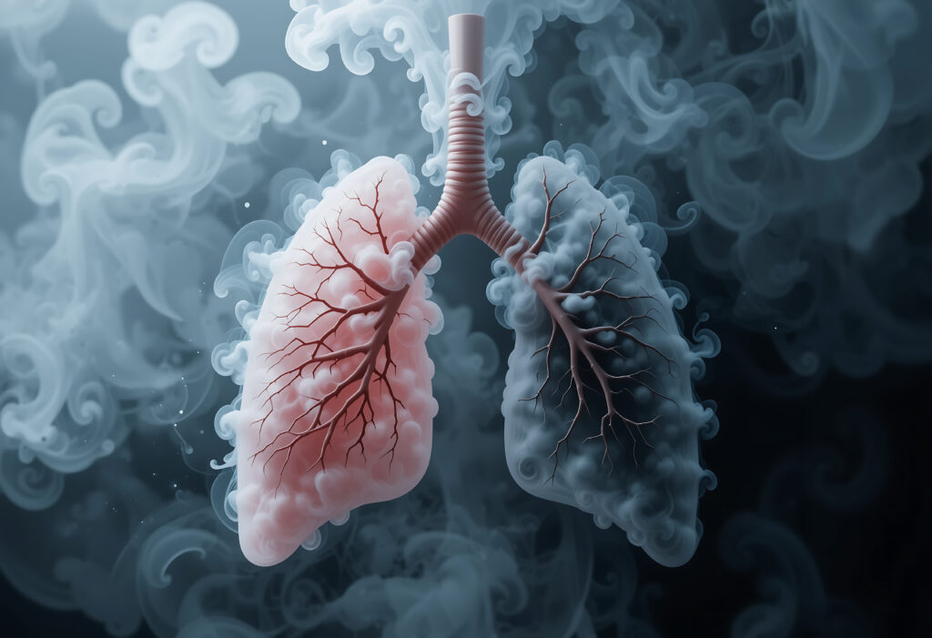 A visual comparison of human lungs. The left lung appears vibrant and healthy, treated with clinical level molecular hydrogen gas inhalation. The right lung is darkened and covered by various oxidants from polluted air, including nitrogen, oxygen, and other harmful gases.