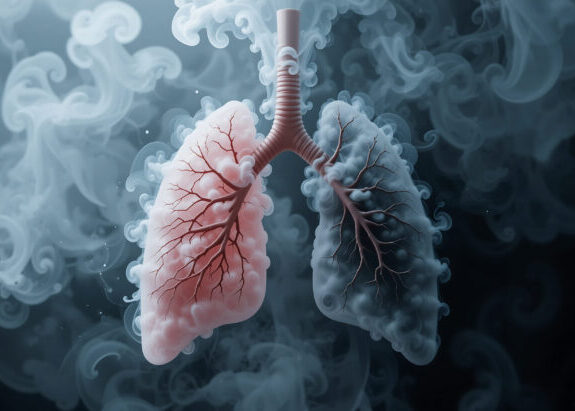 A visual comparison of two human lungs. The left lung appears vibrant and healthy, treated with molecular hydrogen gas. The right lung is darkened and covered by various oxidants from polluted air, including nitrogen, oxygen, and other harmful gases.