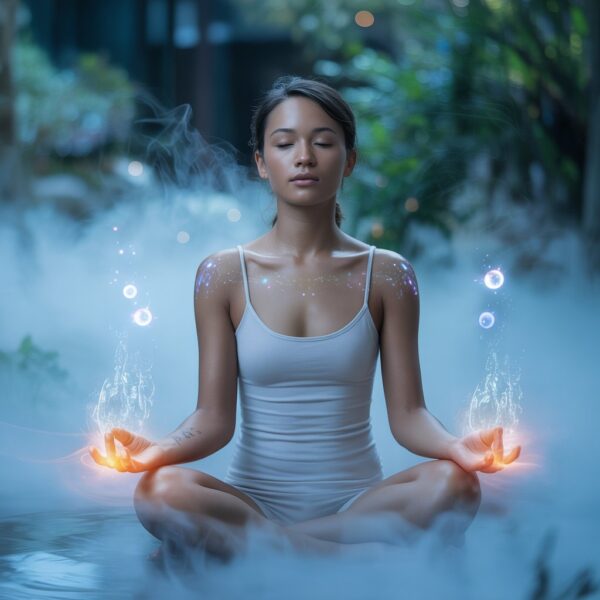 An image of a serene human figure meditating peacefully within a misty, ethereal environment. The figure's skin glows faintly with a subtle luminescence, with wisps of shimmering mist emanating from their hands and feet, suggesting a healing process powered by flex essential mist cleanse with hydrogen water. Subtle blue light filters through the fog, highlighting the figure's calm expression and the gentle flow of the mist while floating orbs of light resembling hydrogen molecules gently drift around them. The background consists of blurred, tranquil greenery hinting at a secluded, natural setting promoting rejuvenation and well-being.