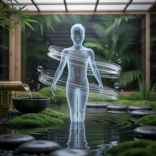 Customers' results: An image of a serene human figure composed of translucent, shimmering mist, standing in a tranquil zen garden. The figure’s form is vaguely humanoid, constantly swirling with soft, white vapor infused with subtle blue highlights, and tiny bubbles of hydrogen water float around them, seemingly absorbed into their form. Around the figure, smooth river stones are arranged in careful patterns and a small bamboo fountain gently trickles into a moss-covered basin, illuminated by a soft, diffused light filtering through a paper screen overhead. The scene conveys a sense of healing, renewal, and ethereal beauty, evoking the concept of "hydrogen water".