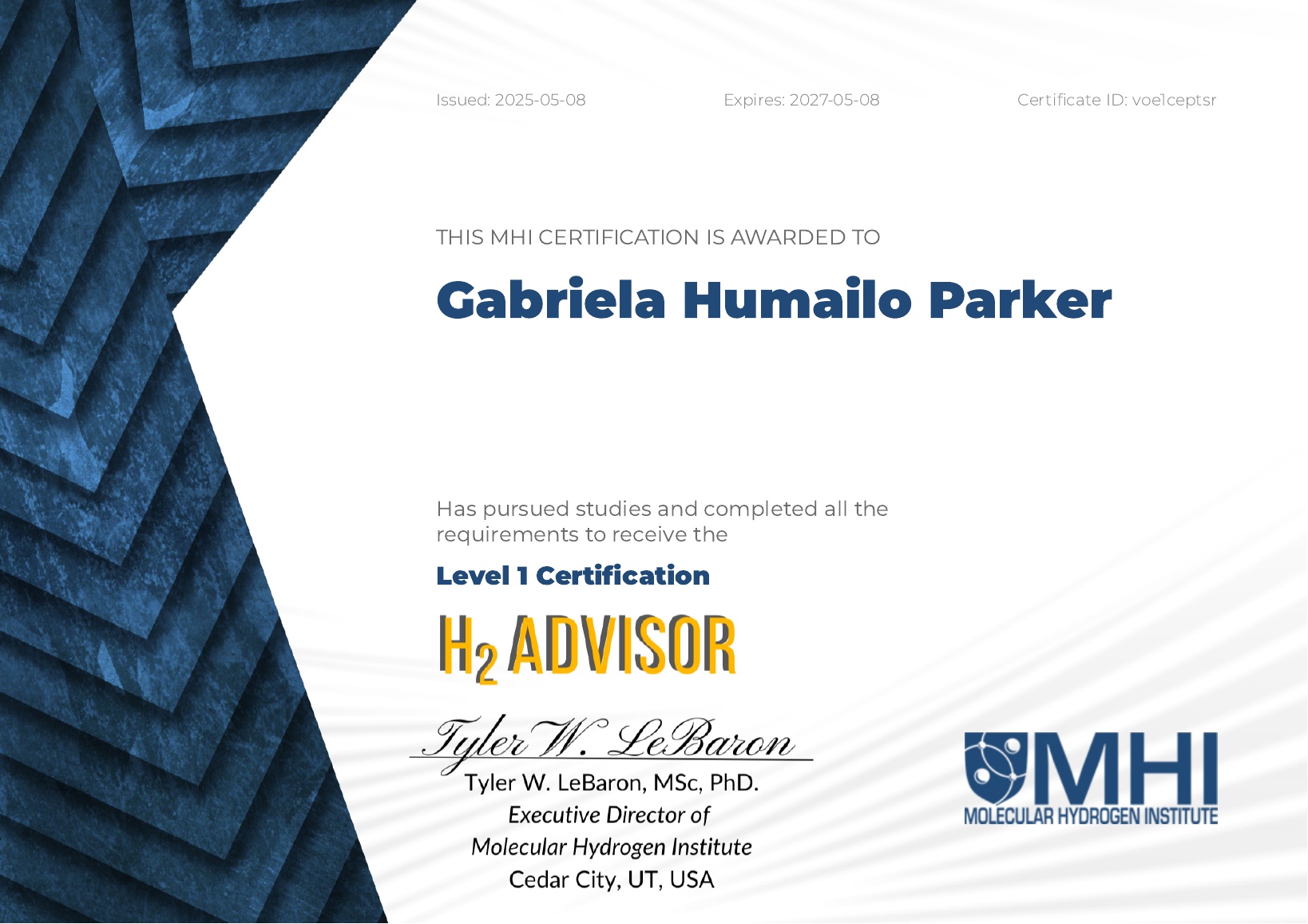 The MHI Certification for Gabriela Humailo Parker - Level 1 Certification - H2 Advisor