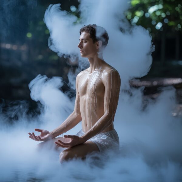 Image of a serene human figure bathed in ethereal mist showcases the body's ability to heal and regain its vitality, fertility, and virility. The figure is kneeling in a meditative pose, with swirling, opalescent mist gently enveloping their form, punctuated by streams of shimmering hydrogen water that seems to revitalize their skin. Light emanates softly from within, highlighting the contours of their body and creating a gentle, almost otherworldly glow. The background is a darkened, blurred forest setting, suggesting a sanctuary of natural healing and tranquility.