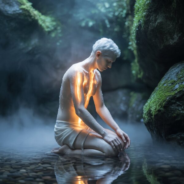 An image of a serene human figure, partially translucent, bathed in a soft, ethereal mist of a molecular hydrogen targeted skin absorption method. The figure appears to be composed of shimmering vapor, with veins of glowing hydrogen water visibly flowing beneath the surface of their skin, indicating a process of healing and core vital cleanse. The figure is kneeling gently on a bed of smooth river stones within a tranquil, moss-covered grotto. Soft, diffused light filters through the foliage above, creating a calming atmosphere and highlighting the subtle glow emanating from the hydrogen water within the figure.