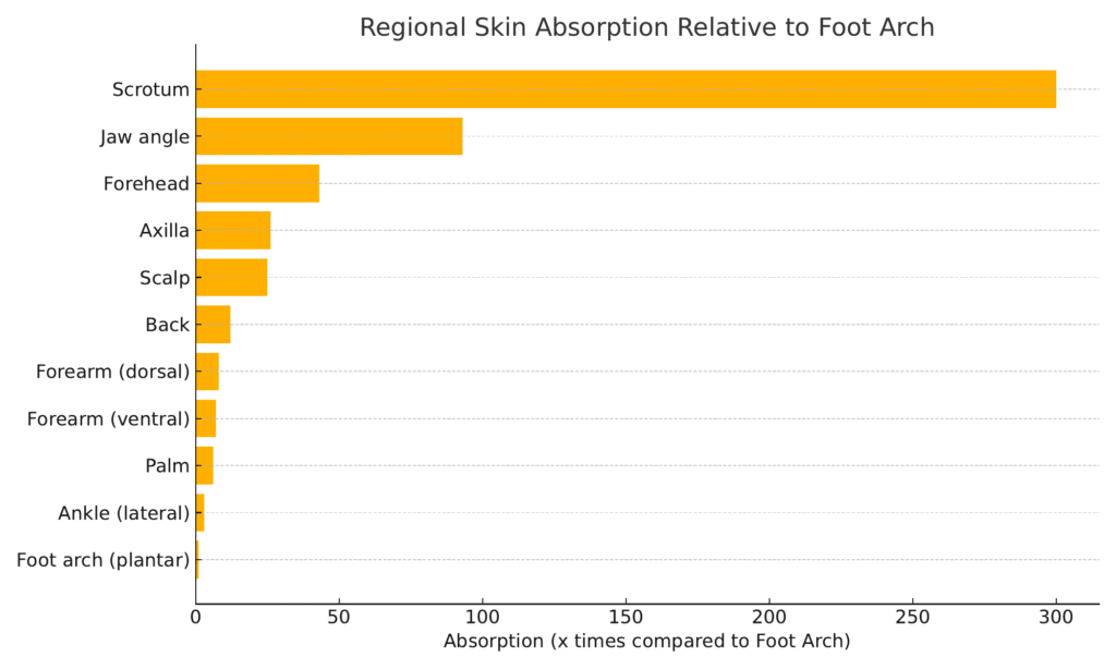 Anatomic regional targeted skin absorption ratio compared to foot arch.