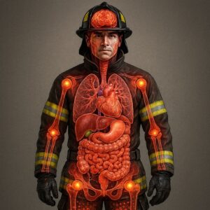 Firefighters and First Responders: A photorealistic image of a complete firefighter’s body, into whose body you can see inside the organs, bones, skin, and tissues affected by their profession.